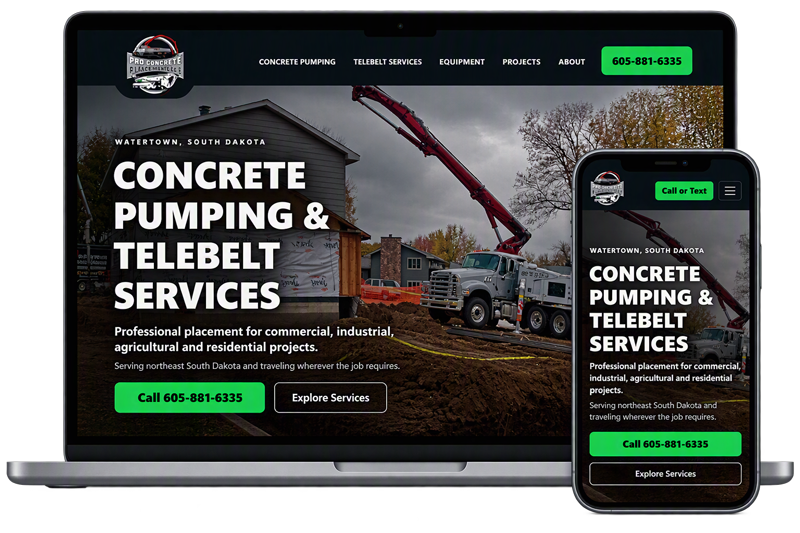 Desktop and mobile versions of the Pro Concrete Placement website designed by 360Studioz