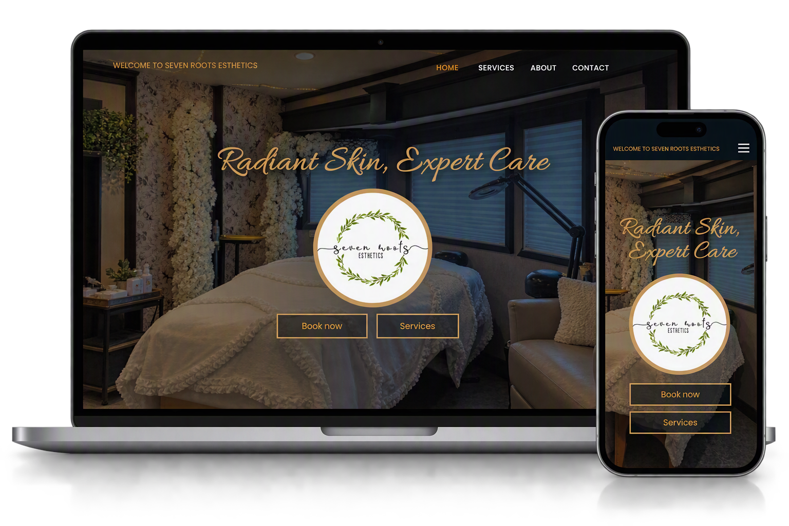 Desktop and mobile views of the Seven Roots Esthetics website